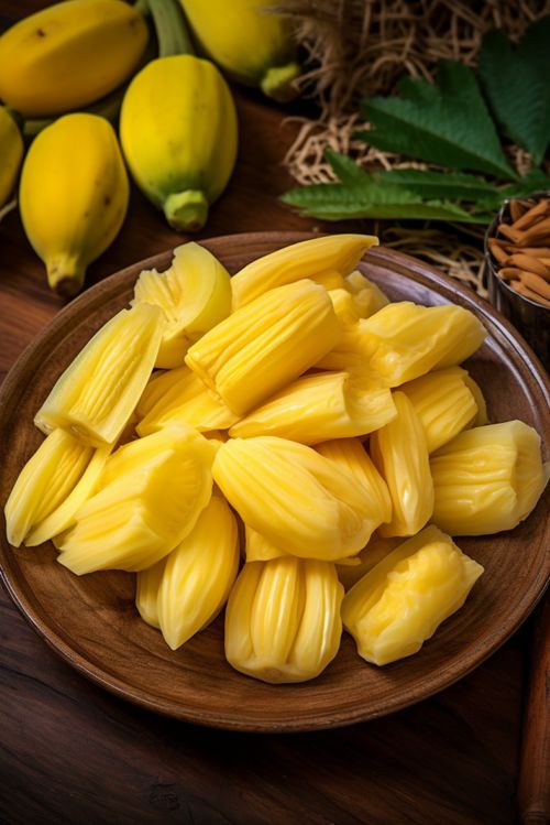 盐城特色农产品摄影 盘中菠萝蜜果肉的艺术呈现